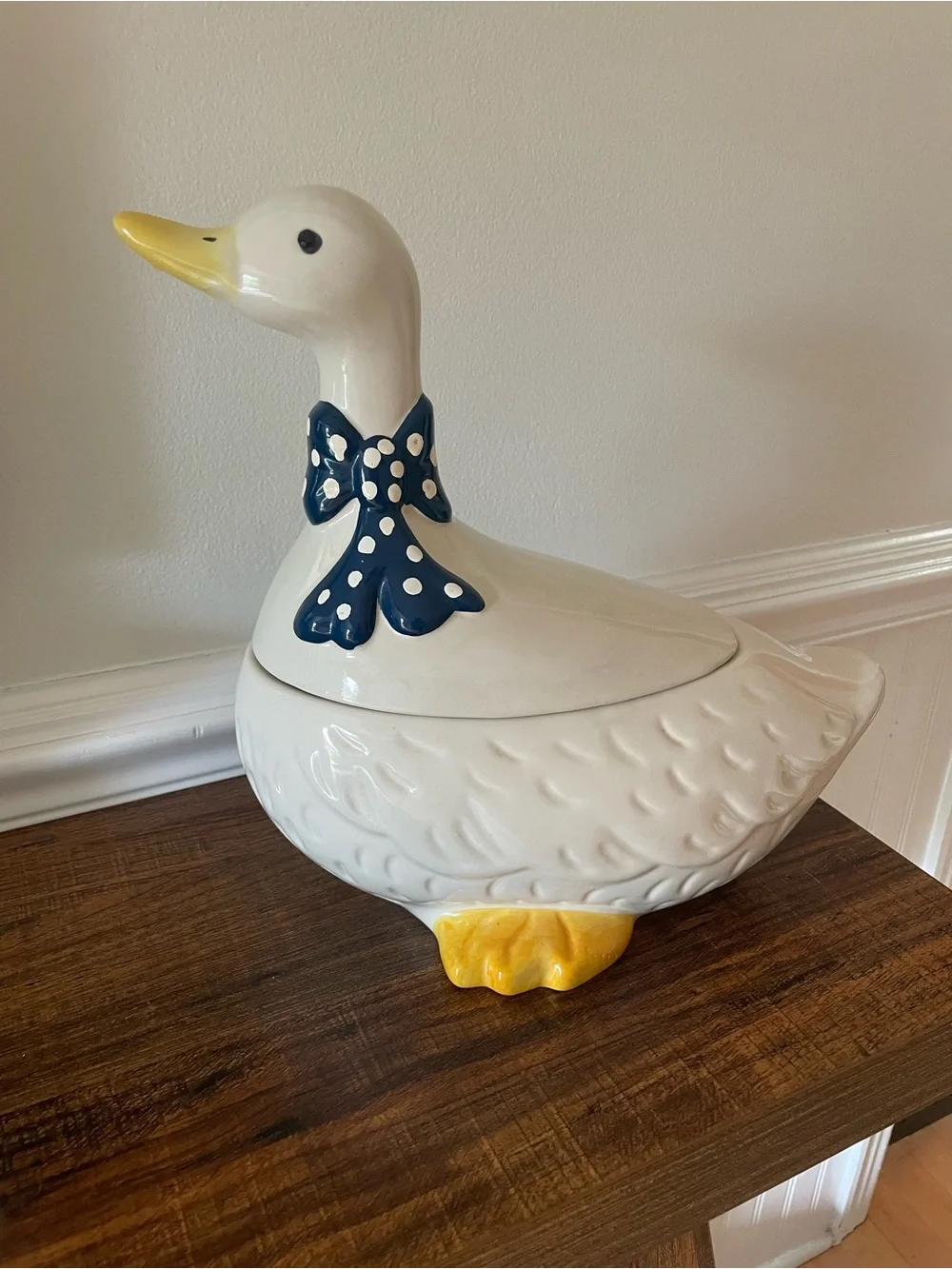 1990’s Ceramic Duck Cookie Jar with Navy Polka Dot Bow - Picture 1 of 6